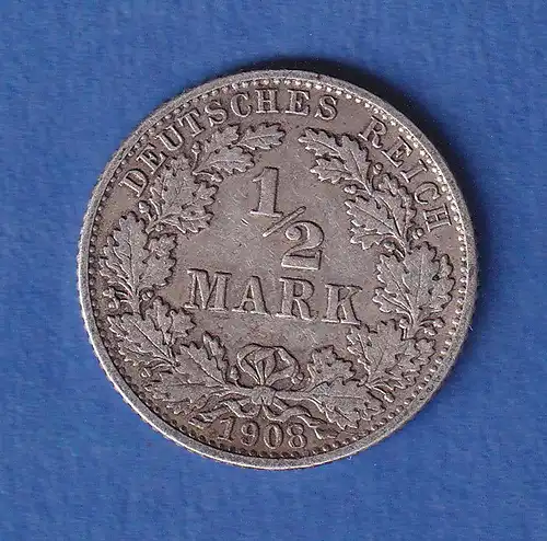 Deutsches Kaiserreich Silber-Kursmünze 1/2 Mark 1908 G ss