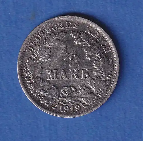 Deutsches Kaiserreich Silber-Kursmünze 1/2 Mark 1919 F vz