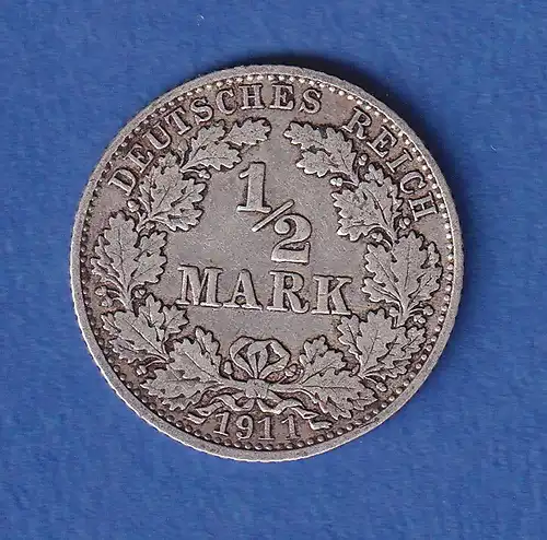 Deutsches Kaiserreich Silber-Kursmünze 1/2 Mark 1911 D ss