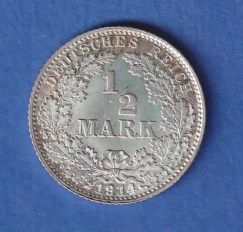 Deutsches Kaiserreich Silber-Kursmünze 1/2 Mark 1914 D stg