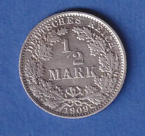 Deutsches Kaiserreich Silber-Kursmünze 1/2 Mark 1909 E stg
