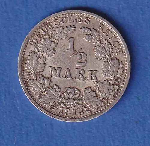 Deutsches Kaiserreich Silber-Kursmünze 1/2 Mark 1913 G vz