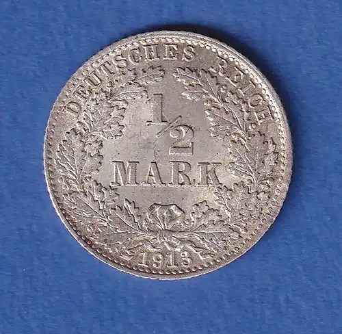 Deutsches Kaiserreich Silber-Kursmünze 1/2 Mark 1913 D vz
