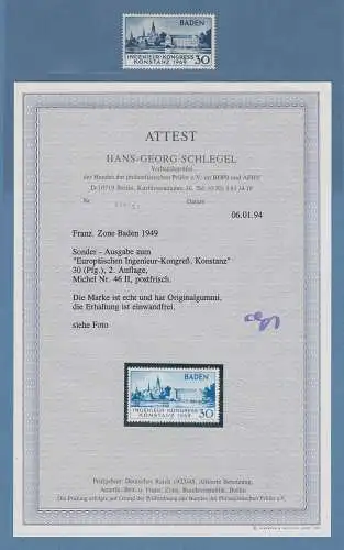 Französische Zone Konstanz II Mi.-Nr. 46 II  einwandfrei ** , Attest Schlegel