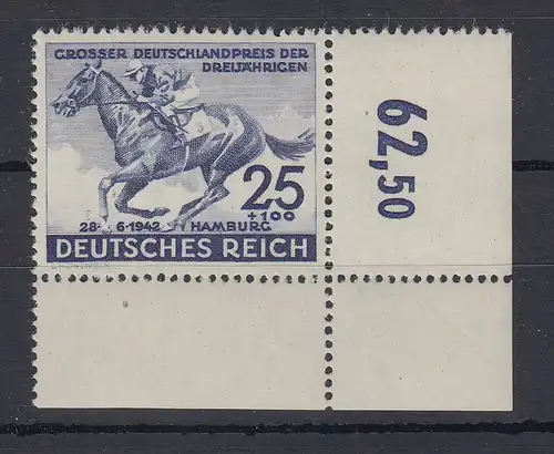 Dt. Reich 1942 Galopprennen Blaues Band Hamburg Mi.-Nr. 814 Eckrandstück UR **