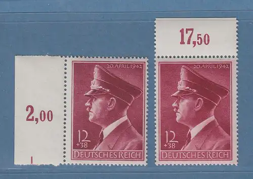Dt. Reich 1942 Hitler Geburtstag Mi.-Nr. 813 x und y Randstücke ** 