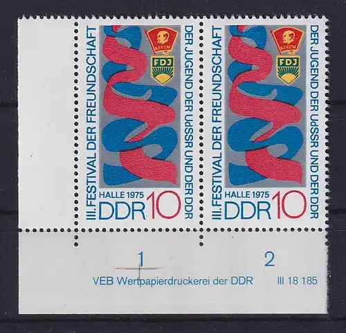 DDR 1975 Festival  Mi.-Nr. 2044 Eckrandpaar mit Druckvermerk DV **