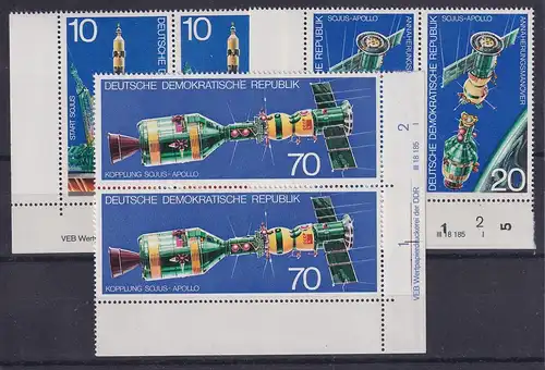 DDR 1975 Sojus-Apollo Mi.-Nr. 2083-85 Eckrandpaare mit Druckvermerk DV **
