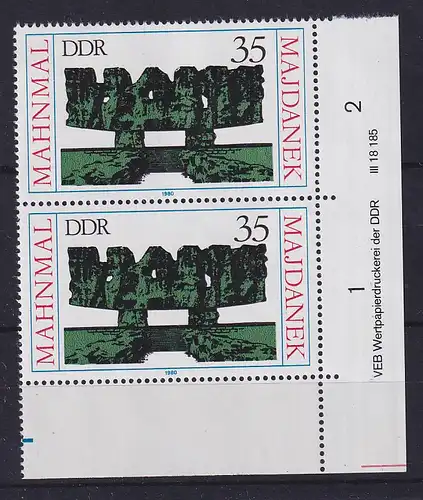 DDR 1980 Mahnmal Majdanek Mi.-Nr. 2538 Eckrandpaar mit Druckvermerk DV **