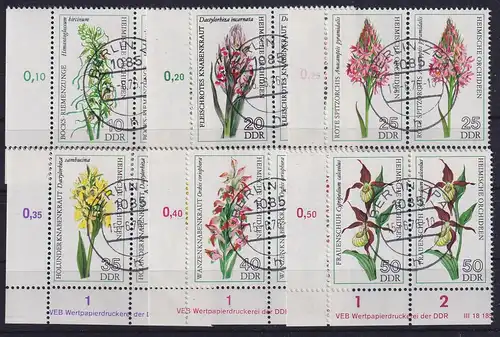 DDR 1976 Blumen Orchideen Mi.-Nr. 2135-40 Eckrandpaare mit Druckvermerk DV G-O