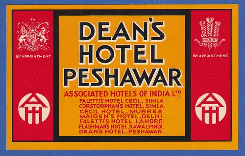 Reklame-Vignette DEAN'S HOTEL PESHAWAR damals Indien verm. 30er-40er Jahre