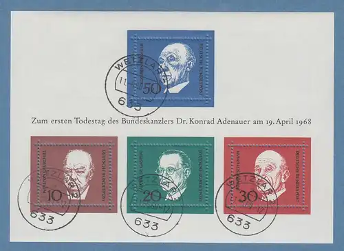 Bund 1968 Blockausgabe Konrad Adenauer Mi.-Nr. Block 4 schön gestempelt WETZLAR