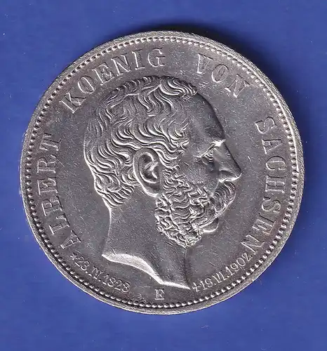Sachsen Silbermünze 5 Mark König Albert mit Lebernsdaten 1902 E  vz