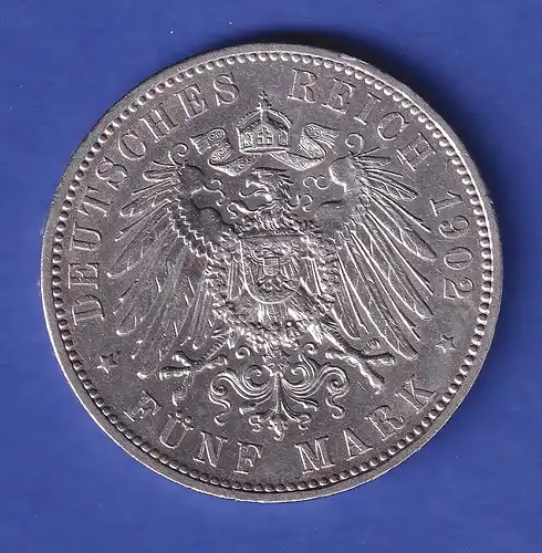 Sachsen Silbermünze 5 Mark König Albert mit Lebernsdaten 1902 E  vz