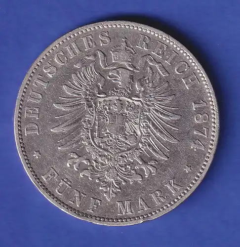 Dt. Kaiserreich Bayern Silbermünze Ludwig II. 5 Mark 1874 D ss