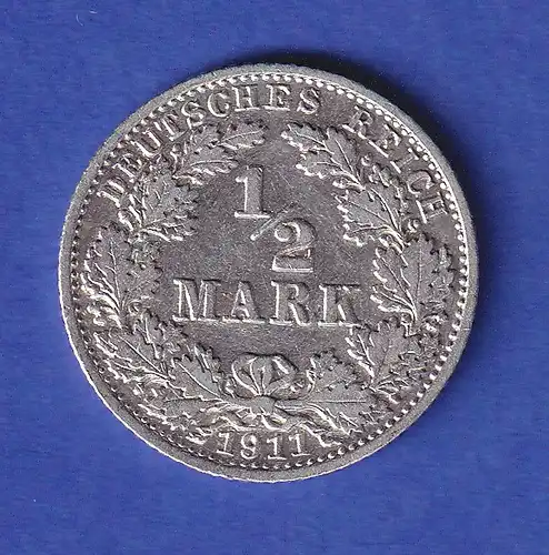 Deutsches Kaiserreich Silber-Kursmünze 1/2 Mark 1911 G - vz