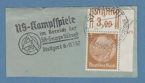 Hindenburg 3Pfg Eckrandstück OR mit Druckerzeichen 5  gest. auf Briefstück