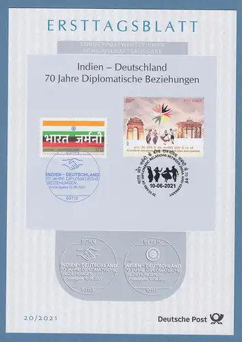 Bundesrepublik Ersttagsblatt ETB 20 / 2021 Indien - Deutschland 