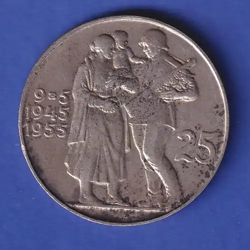 Tschechslowakei Silbermünze 25 Kronen 10 Jahre Kriegsende 1955
