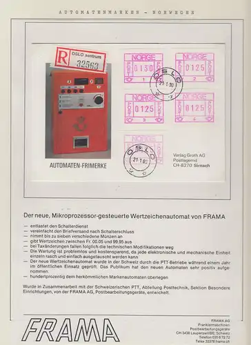 Norwegen / Norge Frama-ATM 1978, Aut.-Nr. 1 bis 5 auf Brief, O OSLO Abb. Automat