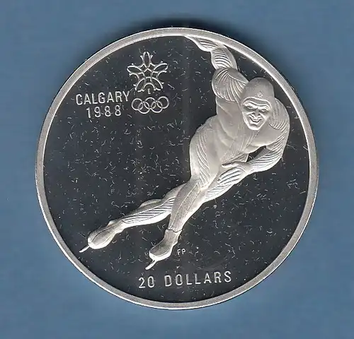 Kanada Olympische Spiele Calgary 1988 Silbermünze 20 Dollar Eischnellauf PP