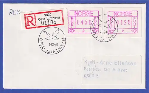 Norwegen / Norge Frama-ATM 1978, Aut.-Nr. 2 Werte 0450 und 0125 auf R-Brief