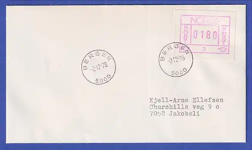 Norwegen / Norge Frama-ATM 1978, Aut.-Nr. 3 Wert 0180 auf FDC BERGEN 2.12.78 