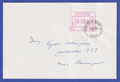 Norwegen / Norge Frama-ATM 1978, Aut.-Nr. 3 Wert 0100 auf FDC BERGEN 2.12.78 