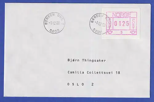 Norwegen / Norge Frama-ATM 1978, Aut.-Nr. 3 Wert 0125 auf Brief BERGEN 1.12.80