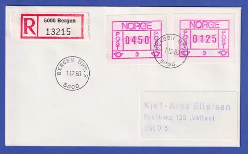 Norwegen / Norge Frama-ATM 1978 Aut.-Nr. 3 Werte 0450 und 0125 auf R-Brief