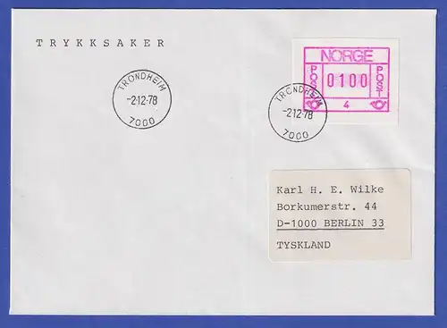Norwegen / Norge Frama-ATM 1978 Aut.-Nr. 4 Wert 0100 auf FDC 2.12.78