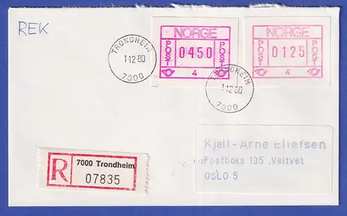 Norwegen / Norge Frama-ATM 1978 Aut.-Nr 4 Werte 0450 und 0125 auf R-Brief 