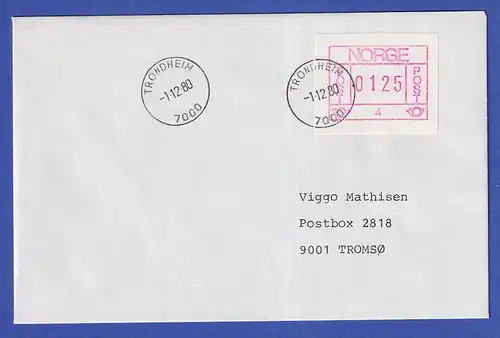 Norwegen / Norge Frama-ATM 1978 Aut.-Nr 4 Wert 0125 auf Brief mit LT-O 1.12.80 