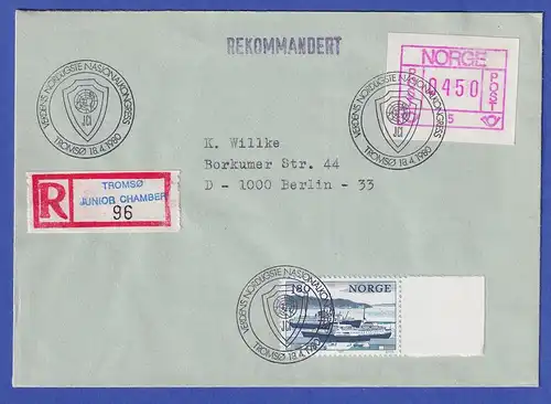 Norwegen / Norge Frama-ATM 1978 Aut.-Nr 5 Wert 0450 in MIF auf R-Brief mit So.-O