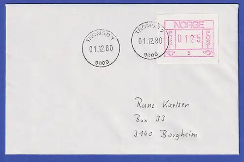 Norwegen / Norge Frama-ATM 1978 Aut.-Nr 5 Wert 0125 x-Papier auf Brief O 1.12.80