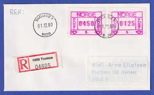 Norwegen / Norge Frama-ATM 1978 Aut.-Nr. 5  Werte 0125 und 0450 auf R-Brief 