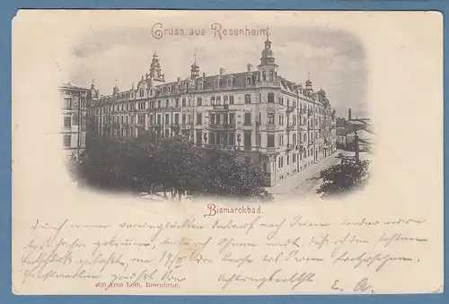 AK Gruß aus Rosenheim Bismarckbad gelaufen 1898 nach Prien