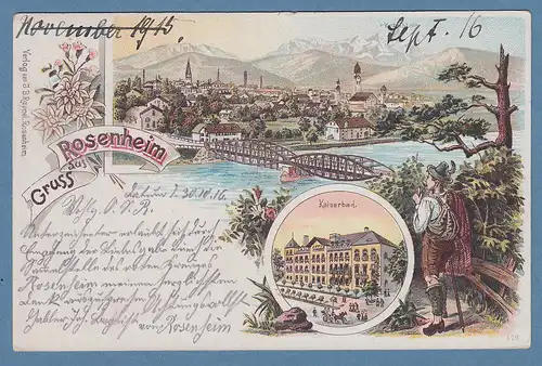 AK Gruss aus Rosenheim Panorama mit Innbrücke, Kaiserbad, gelaufen 1916 Feldpost