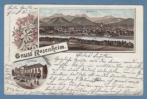 AK Gruss aus Rosenheim Kaiserbad und Panorama,  gelaufen 1897 ?