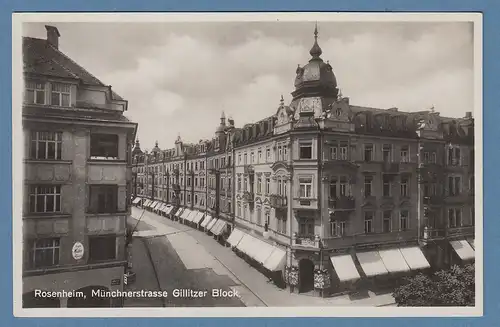 AK Rosenheim Münchner Str. Gillitzer Block , Senft, gelaufen 1934