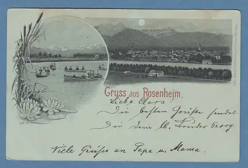 AK Gruß aus Rosenheim Panorama mit Mondschein, mit Grußtext, gelaufen ? 