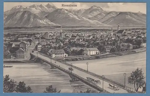 AK Rosenheim Panorama mit Innbrücke gegen die Berge , ungelaufen