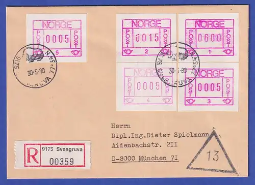 Norwegen / Norge Frama-ATM 1978 Aut.-Nr 1 bis 5 Serie auf R-Brief O SVEAGRUVA