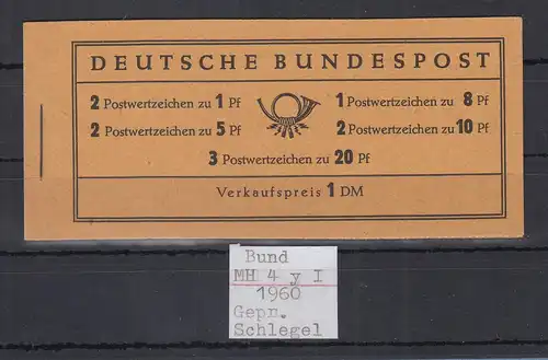 Bund Heuss Markenheftchen  liegendes Wz.  MH Mi.-Nr. 4 YI ** gpr. Schlegel