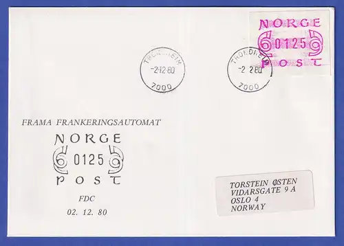 Norwegen / Norge Frama-ATM Mi.-Nr. 2.1a Wert 125 auf FDC TRONDHEIM 