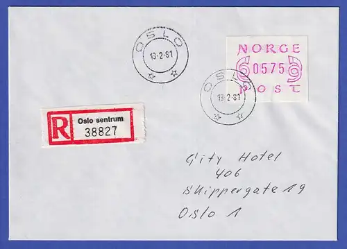 Norwegen / Norge Frama-ATM Mi.-Nr. 2.1a Wert 575 auf R-Brief O OSLO 19.2.81