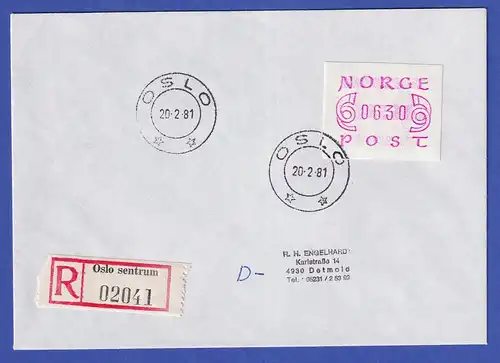 Norwegen / Norge Frama-ATM Mi.-Nr. 2.1a Wert 630 auf R-Brief O OSLO 20.2.81