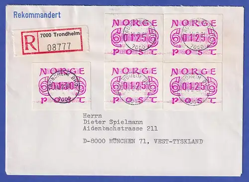 Norwegen / Norge Frama-ATM Mi.-Nr. 2.1a  5 Werte auf R-Brief TRONDHEIM 14.2.81