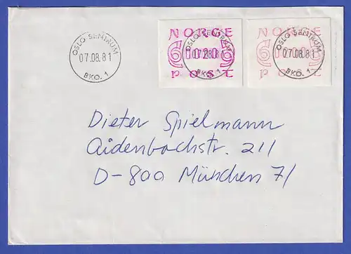 Norwegen / Norge Frama-ATM Mi.-Nr. 2.1a und b Werte 20 / 200 auf Brief OSLO 1981