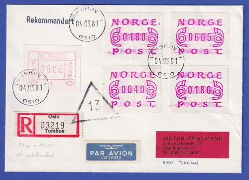 Norwegen / Norge Frama-ATM Mi-Nr. 1.1b und 2.1a  5 Werte auf R-Bf. Torshov